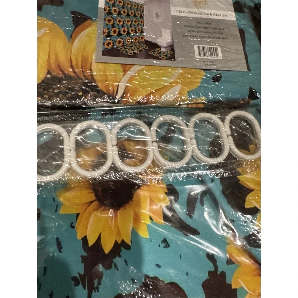15pc Sunflowers Shower Curtain Set Bath Mat, Toilet Mat, Rings, Curtain NEW